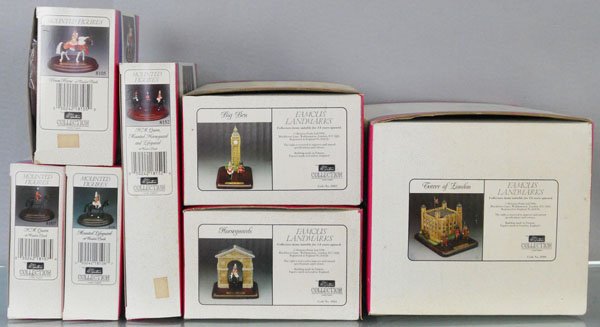 7 BRITAINS SETS: 3 Famous Landmarks 8900, 8902 & 8903, 3 Mounted Figures 8107, 8106 & 8105, orig boxes & inserts dirty & some foxing, C9-10.
