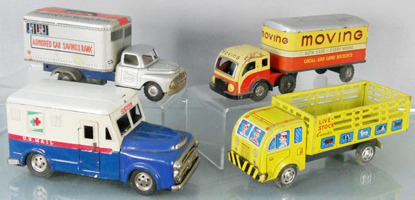 4 TIN TRUCKS: litho tin, Moving Van, 9" long, Armored Car, missing rear door, 8" long, Mail Truck, 8 1/2" long, Livestock Truck, 9" long, all are friction working, 1 hub cap missing, C4-6.