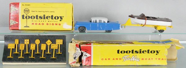 2 TOOTSIETOY SETS: 3450 Road Signs, Packard w/Tee Nee Boat on Trailer, orig boxes, 1 minor wear, other rough, C8-10.