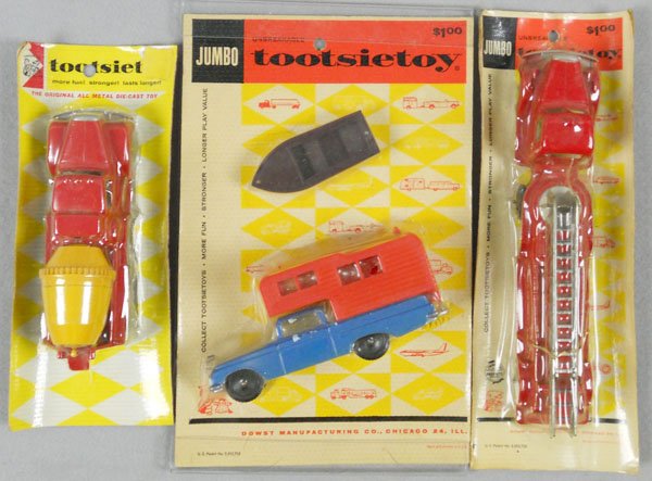 3 TOOTSIETOY CARDED SETS: Mack Cement Truck, Camper Set, Mackk Hook & Ladder, factory sealed on orig cards, cards have minor wear, C10.