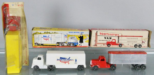 3 TOOTSIETOY MOVING VANS: IH w/plastic Trailer, Dean Van Lines, Van w/movable top, orig boxes rough, C8.