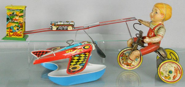 3 TIN TOYS: litho tin, Unique Art Hill Billy Express, 17" long, Kiddie Cyclist, 9" tall, Ohio Art Hot Job Airplane, 8" wingspan, all are windup working, C5-7.