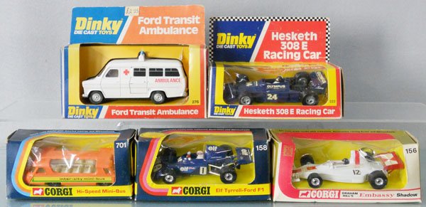 5 DINKY & CORGI VEHICLES: Dinky 276 Ambulance, 222 Hesketh Racing Car, Corgi 701 Bus, 158 ELF Tyrrell, 156 Embassy Shadow, orig boxes minor wear, 1 missing window, C8.