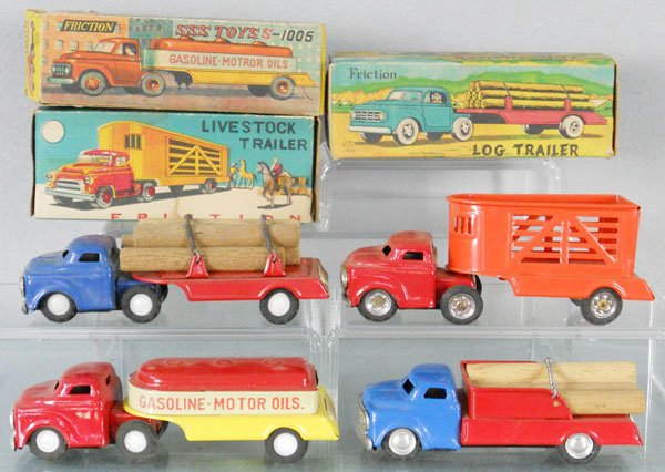 4 SSS TRUCKS: litho tin, friction working, 5" & 5 1/2" long, Gasoline, Log, Stock & Lumber, 3 orig boxes only, boxes have some wear, C7-8.