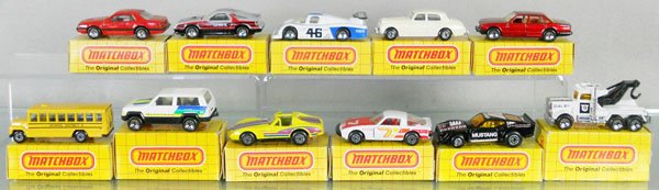 11 MATCHBOX VEHICLES: MB41 Jaguar XJ6, MB28 Dodge Daytona, MB66 Sauber Group C Racer, MB62 Rolls Royce, MB59 Ford T-Bird Turbo Coupe, MB47 School Bus, MB27 Jeep Cherokee, MB40 Corvette, MB31 Mazda RX7, MB11 Mustang, MB61 P