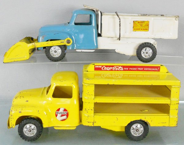 2 BUDDY L TRUCKS: painted pressed steel, Scoop & Dump Truck, 17 1/2" long, Coca Cola Truck, 14 1/2" long, C5.