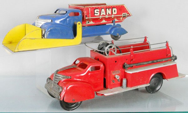 2 MARX TRUCKS: painted pressed steel, Scoop Truck, 15" long, custom Pumper, 16 1/2" long, w/Tonka rear body, C5-7.