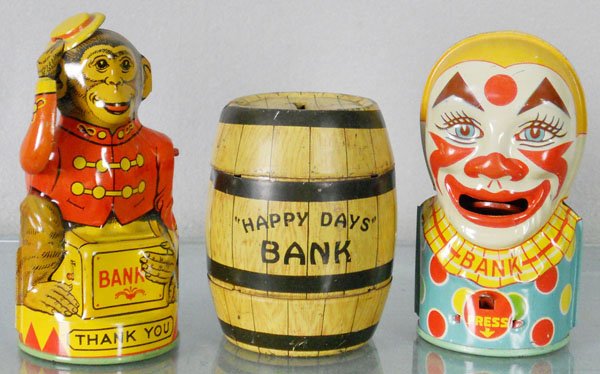 3 CHEIN BANKS: Clown, Happy Days Barrel, some dents, Monkey w/Hat, litho tin, 4" to 5" tall, barrel C4-5, rest C8.