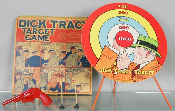 MARX DICK TRACY TARGET GAME: cardboard target, 17" diameter, w/dart gun & 2 darts, orig box worn, C8.