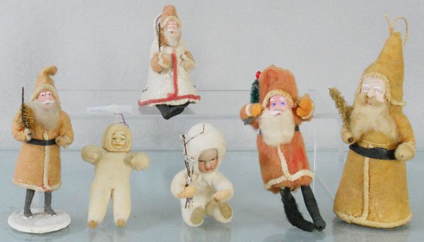 6 HOLIDAY FIGURES: cotton batting, Santa Candy Box, 5" tall, Snow Babies, 3 1/2" & 3" tall, Santa Ornament, 5 1/2" tall, Santa, missing legs, 6" long, Santa Bell Ornament, 4" tall, C5-6.