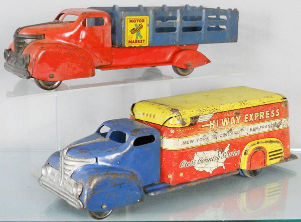2 MARX TRUCKS: painted pressed steel, Motor Market, 14" long, Hiway Express, 16" long, both have playwear, C4-5.