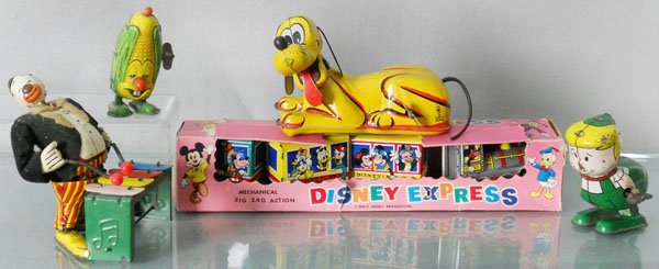 5 MARX & LINEMAR TOYS: litho tin, Disney Express, windup working, orig box rough, Pluto 7" long, windup working, Corn Man Walker, 3 3/4" tall, windup working, Elroy Jetson Walker, 3 3/4" tall, windup working, some corrosion