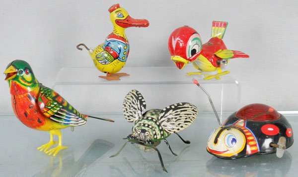 5 WINDUP TOYS: litho tin, Chein Duck, 4" tall, Mikuni Bird, 4" long, KO Bird, 6" long, Beetle, 4" long, Lady Bug, 5" long, all are working, C5-6.