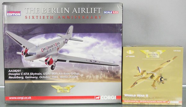 2 CORGI WWII AIRCRAFT: AA38201 Douglas C-47A Skytrain, AA36802 Westland Lysander Mk.1, orig boxes & inserts, C9-10.