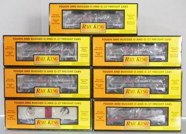 7 MTH RAIL KING BEER CARS: O ga, 5 #30-73223 Coors Light tank cars, 30-73239 Killians Red tank, 30-78035 Killians Red modern reefer, orig boxes & inserts, C8-9.