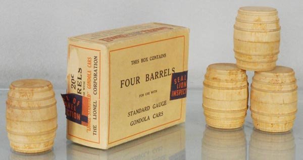 LIONEL 209 BARREL SET: O ga, 4 wooden barrels, orig box minor wear, C8.