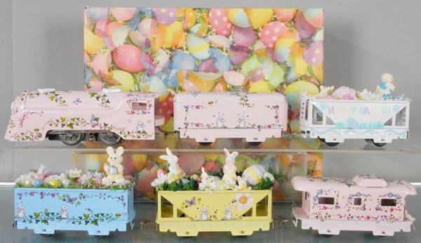MARX CUSTOMIZED EASTER BUNNY TRAIN SET: O ga, loco, tender & 4 cars, 3 bunny ears missing, w/track & transformer, w/custom orig box & inserts, C8-9.