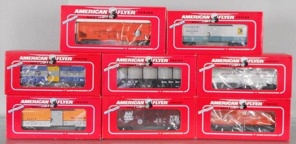 8 AMERICAN FREIGHT CARS: S ga, 52094, 48510, 48405, 48495, 48312, 48204, 48326, 48486, orig boxes & inserts, 1 box crushed, C9-10.