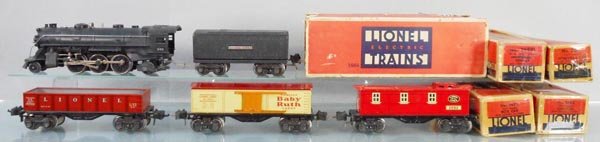 LIONEL TRAIN SET: O ga, 1666 loco, 2689T tender, 2679 box car, 2677 gondola, 2682 caboose, orig boxes rough, C6-7.