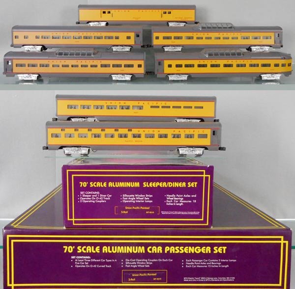 2 MTH UP CAR SETS: O ga, MT-6510 sleeper/diner set, MT-6510 5-car passenger set, orig boxes & inserts, C8-9.