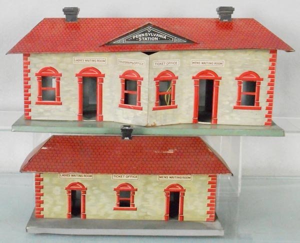 2 BING TRAIN STATIONS: O ga, litho tin, PRR Station, w/electric light, 14 1/2" long, ticket office, 9 1/2" long, C5-6.