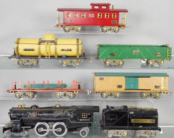 AMERICAN FLYER 1485 MOUNTAINEER TRAIN SET: std ga, 4692 loco, rewheeled, drive rods incom, 4693 tender, paint flaking on both, w/cars 4022 machinery car, 4018 box car, 4010 tank, 4017 sand car, 4021 caboose, orig boxes, orig set box worn, loco