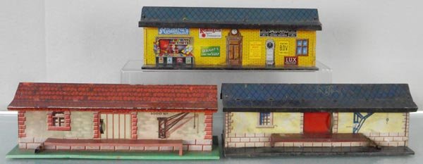 3 BING & KBN STATIONS: litho tin, KBN English station, KBN freight shed, Bing freight station, all are 10" long, C5-6.