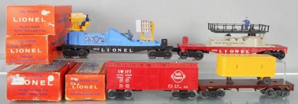 4 LIONEL FREIGHT CARS: O ga, 3545 operating TV monitor car, 6812 track maintenance car, 6050-110 Savings Bank car, 6405 trailer flat, orig boxes worn & taped, C7-8.