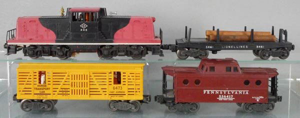 LIONEL TRAIN SET: O ga, 625 LV switcher, 3461 log car, 6473 horse transport, 6417 caboose, C5-6.