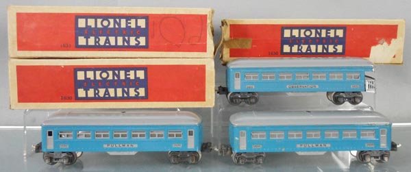 3 LIONEL PASSENGER CARS: O ga, 2 #1630 Pullmans, 1631 obsv, orig boxes rough, C7.