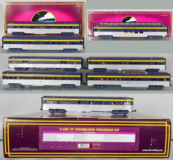 3 MTH C&O PASSENGER SETS: O ga, 20-67063 vista dome, 20-66063 sleeper/diner set, 20-65063 5-car passenger set, orig boxes & inserts minor wear, C8-9.
