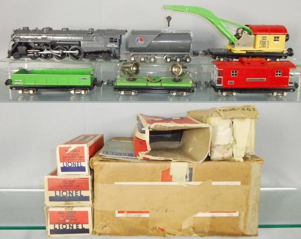 LIONEL 769W TRAIN SET: O ga, 763E loco, 2263W tender, both restored in gray, 2810 crane, 2812 gondola, 2820 searchlight, 2817 caboose, orig boxes rough, orig set box worn & taped, C6-8.