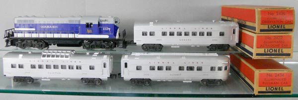 LIONEL TRAIN SET: O ga, 2339 Wabash GP9, 2432 Clifton, 2434 Newark, 2436 Summit, orig car boxes only, boxes have some wear, C6-7.