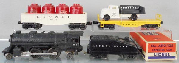 LIONEL TRAIN SET: O ga, 251 loco, 1062T tender, 6112-135 canister car, orig box incom, 6151 flat w/range patrol, C7-8.