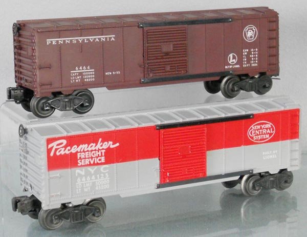 2 LIONEL BOX CARS: O ga, 6464-200 PRR box car, 6464-125 NYC box car, C6.