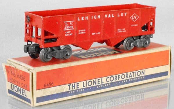 LIONEL 6456 LV HOPPER: O ga, painted glossy red w/white headstamping, orig box minor wear, C6.