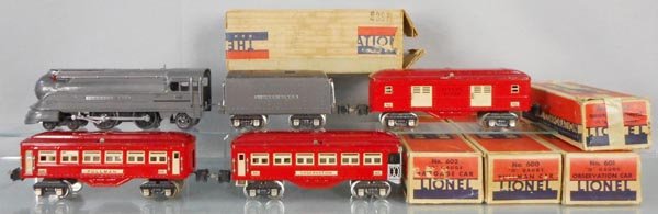 LIONEL TRAIN SET: O ga, 238E PRR loco, 265W tender, 602 baggage, 600 Pullman, 601 obsv, orig boxes worn & some tape, tender box rough, C6-8.