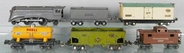 LIONEL TRAIN SET: O ga, 289E loco, 2689T tender, 814R reefer, 2654 Shell tanker, 816 hopper, some oxidation spots, 2672 caboose, C4-5.