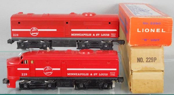 LIONEL 229 M&StL ALCOS: O ga, 229P A unit, 229C B unit, orig boxes, some end wear or missing flaps, C8.