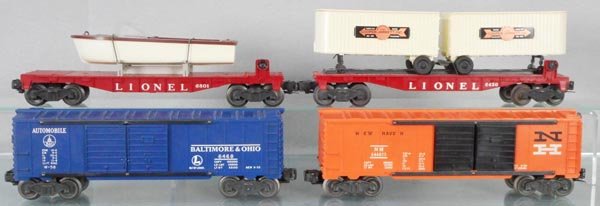 4 LIONEL FREIGHT CARS: O ga, 6801 flat w/boat, 6430 flat w/trailers, 6468 B&O box car, 6468-25 NH box car, C7-8.