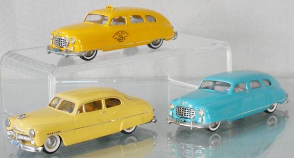 3 EMPIRE TIN WIZARD MODELS: white metal, NR6 1950 Nash Statesman Yellow Cab, NR6 1950 Nash Statesman Sedan, blue, Zaugg #6 1951 Mercury, C8.