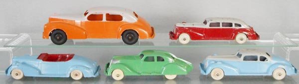 5 HUBLEY AUTOS: die cast, Cadillac, 7" long, 3 Packards, 5 1/2" long, tin chassis', LIncoln, 5" long, C5-7.