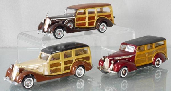 3 CUSTOMIZED PACKARDS: die cast, 2 Solido 1937 Packards, Rextoy 1940 Packard Super 8, all repainted & wood trim added, C8.