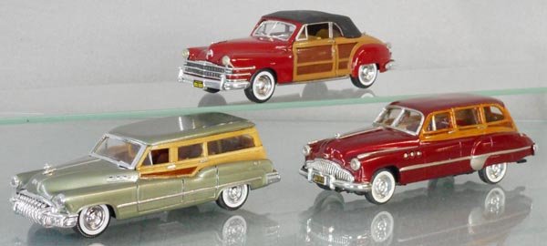 3 CUSTOMIZED WOODY VEHICLES: die cast, Solido 1946 Chrysler Windsor, Solido 1950 Buick Cabriolet, unmarked 1949 Buick Roadmaster, all repainted & wooden trim added, C8.