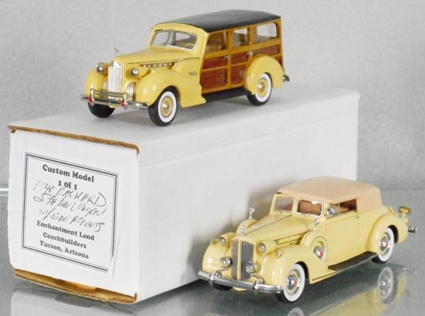 2 PACKARD MODELS: Rex Toys 1940 Packard Super 8 Station Wagon, die cast, made in France, Automodello Packard Convertible, resin, removable top, C8-9.