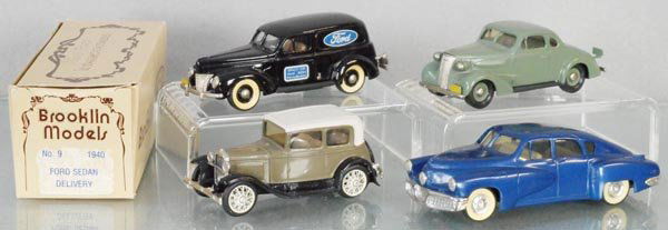 4 BROOKLIN MODELS: #9 1940 Ford Sedan Delivery Van, orig box & insert, #4 1937 Chevy Coupe, 1930 Ford Model A Victoria, #21948 Tucker 48, C8-9.