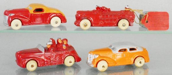 4 BARCLAY AUTOS: slush die cast, all 3" long, Coupe, Fire Engine w/party favor tag, Convertible, Sedan, C6-7.