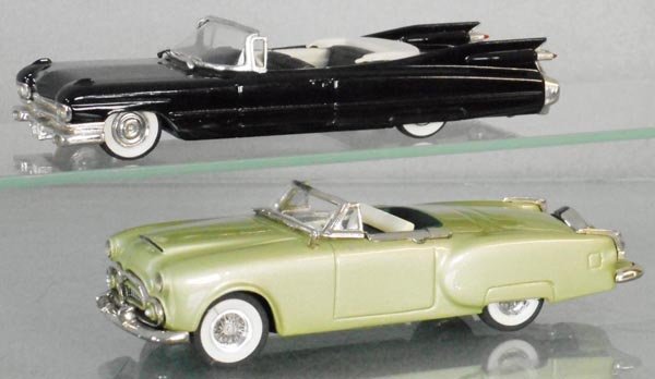 2 WHITE METAL CONVERTIBLE MODELS: MAE 1959 Cadillac, made in Canada, Mini Marque Packard Convertible, C9.