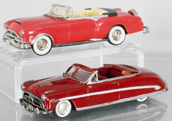 2 WHITE METAL MODEL CONVERTIBLES: Mini Marque 1953 Packard Caribbean, coral, missing 1 rear tail light trim piece, Precision MIniatures #15 1952 Hudson Hornet, C8.