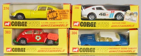 4 CORGI AUTOS: 374 Jaguar E-Type, 383 Volkswagen 1200 Beetle, 396 Datsun 240Z, 304 Chevy SS350 Camaro, all w/Whizzwheels, orig boxes, C9.